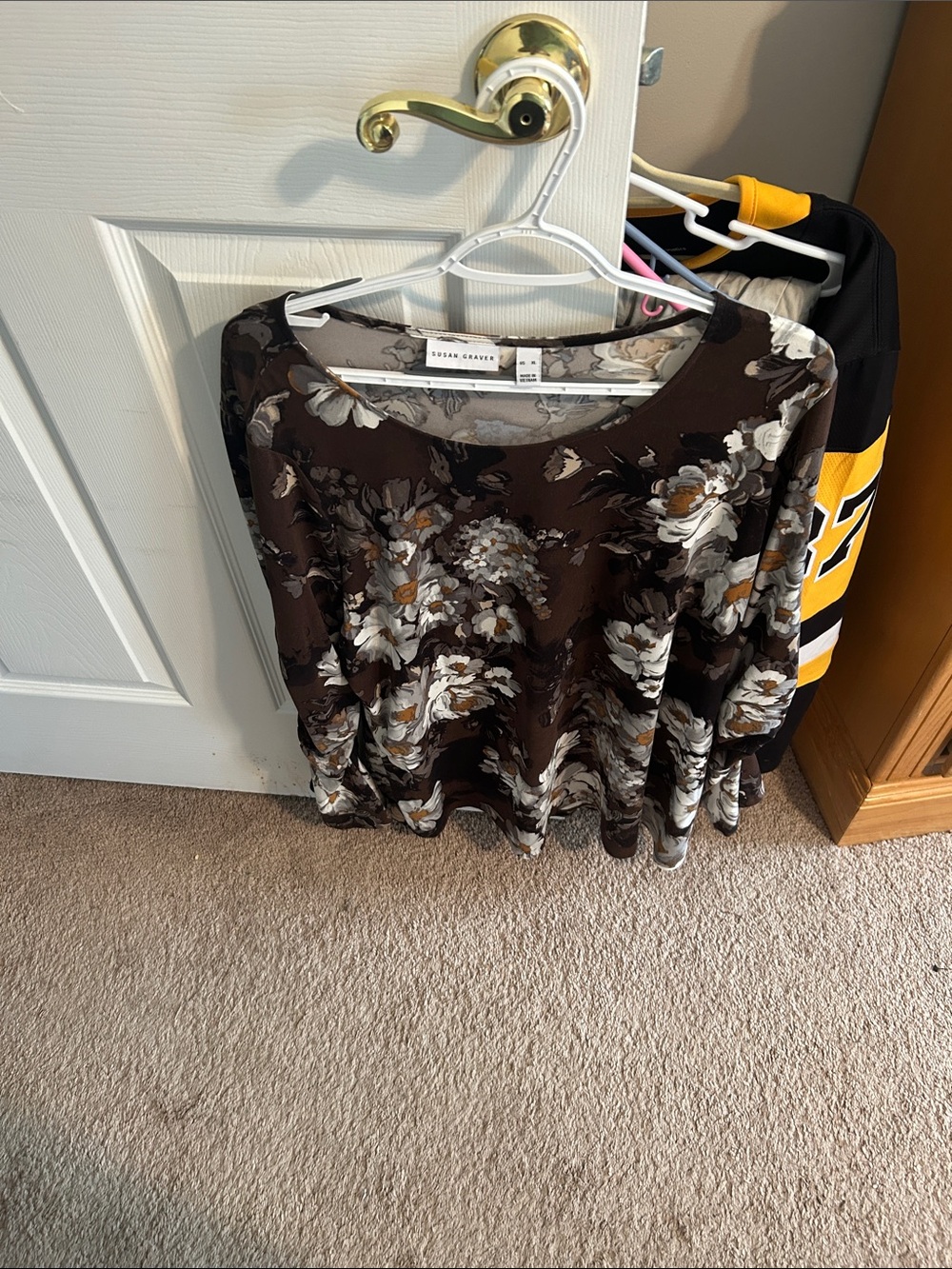 Susan Graver Brown Floral Long Sleeve Scoop Neck Top with White and Tan Accents